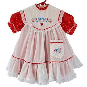 Prairie Cottage Core Dress Girls 5 Red & White Floral White Embroidered Smock